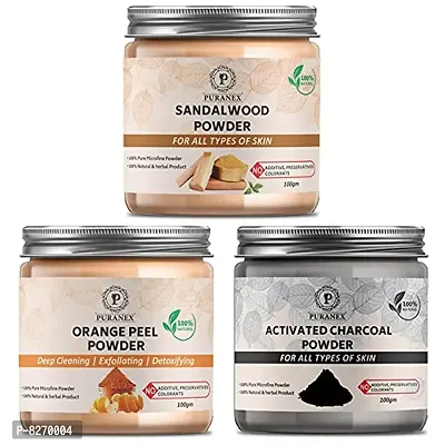 Puranex Natural  Pure Sandalwood Powder  Orange Peel Powder  Charcoal Powder 100gm (Combo Pack of 3) 300Gm