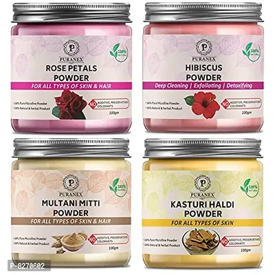 Puranex Pure  Natural Rose Petals Powder  Hibiscus Powder  Multani Mitti Powder  Kasturi Haldi Powder-100 GM (Combo Pack of 4) 400 GM