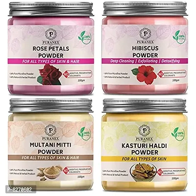 Puranex Pure  Natural Rose Petals Powder  Hibiscus Powder  Multani Mitti Powder  Kasturi Haldi Powder-100 GM (Combo Pack of 4) 400 GM-thumb0