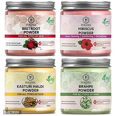 Puranex Pure  Natural Beetroot Powder  Hibiscus Powder  Kasturi Haldi Powder  Brahmi Powder-100gm (Combo Pack OF 4) 400gm