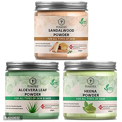 Puranex Natural  Pure Sandalwood Powder  Aloevera Leaf Powder  Heena Powder 100gm (Combo Pack of 3) 300Gm