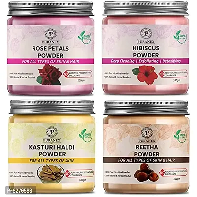 Puranex Pure  Natural Rose Petals Powder  Hibiscus Powder  Kasturi Haldi Powder  Reetha Powder-100 GM (Combo Pack of 4) 400 GM-thumb0