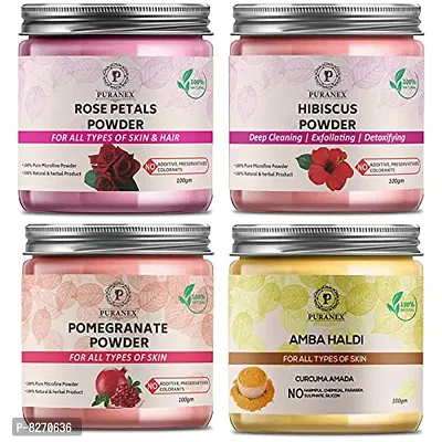 Puranex Pure  Natural Rose Petals Powder  Hibiscus Powder  Pomegranate Powder  Amba Haldi Powder-100 GM (Combo Pack of 4) 400 GM