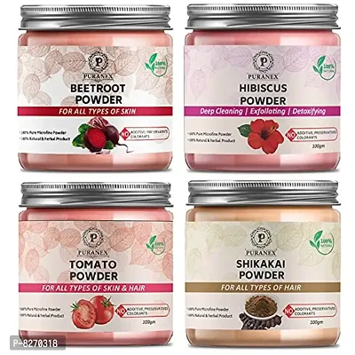 Puranex Pure  Natural Beetroot Powder  Hibiscus Powder  Tomato Powder  Shikakai Powder-100gm (Combo Pack OF 4) 400gm
