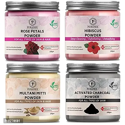 Puranex Pure  Natural Rose Petals Powder  Hibiscus Powder  Multani Mitti Powder  Charcoal Powder-100 GM (Combo Pack of 4) 400 GM-thumb0