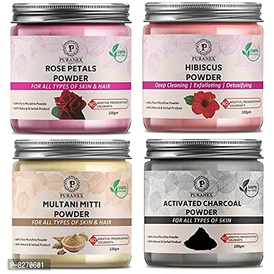 Puranex Pure  Natural Rose Petals Powder  Hibiscus Powder  Multani Mitti Powder  Charcoal Powder-100 GM (Combo Pack of 4) 400 GM