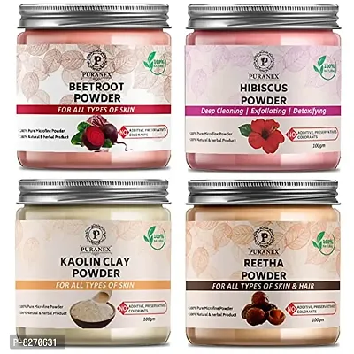 Puranex Pure  Natural Beetroot Powder  Hibiscus Powder  Kaolin Clay Powder  Reetha Powder-100gm (Combo Pack OF 4) 400gm