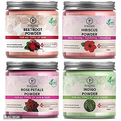 Puranex Pure  Natural Beetroot Powder  Hibiscus Powder  Rose Petals Powder  Indigo Powder-100gm (Combo Pack OF 4) 400gm