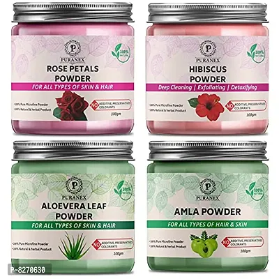 Puranex Pure  Natural Rose Petals Powder  Hibiscus Powder  Aloevera Leaf Powder  Amla Powder-100 GM (Combo Pack of 4) 400 GM