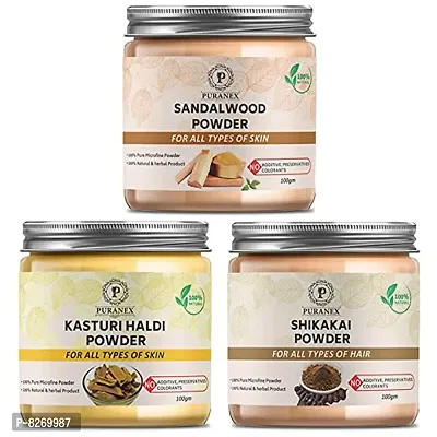 Puranex Natural  Pure Sandalwood Powder  Kasturi Haldi Powder  Shikakai Powder 100gm (Combo Pack of 3) 300Gm