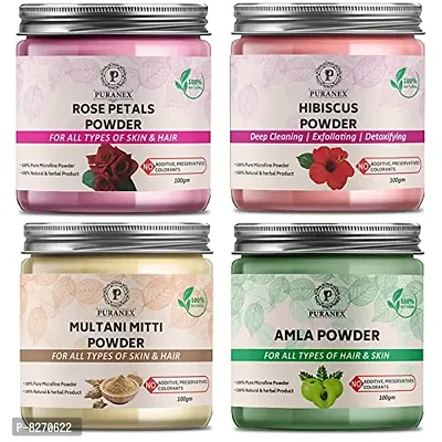 Puranex Pure  Natural Rose Petals Powder  Hibiscus Powder  Multani Mitti Powder  Amla Powder-100 GM (Combo Pack of 4) 400 GM