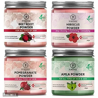 Puranex Pure  Natural Beetroot Powder  Hibiscus Powder  Pomegranate Powder  Amla Powder-100gm (Combo Pack OF 4) 400gm