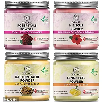 Puranex Pure  Natural Rose Petals Powder  Hibiscus Powder  Kasturi Haldi Powder  Lemon Peel Powder-100 GM (Combo Pack of 4) 400 GM-thumb0