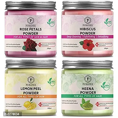Puranex Pure  Natural Rose Petals Powder  Hibiscus Powder  Lemon Peel Powder  Heena Powder-100 GM (Combo Pack of 4) 400 GM