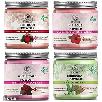 Puranex Pure  Natural Beetroot Powder  Hibiscus Powder  Rose Petals Powder  Bhringraj Powder-100gm (Combo Pack OF 4) 400gm