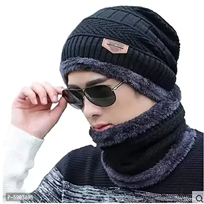 Winter Woolen Cap Hat Neck Scarf Warm Knitted Fur Inside for Men and Women (Multi Color)-thumb0