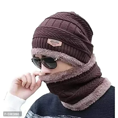 Men's  Women's Snow Proof,Inside Fur, Warm Woolen Cap with Neck Muffler/Neck Warmer/Scarf for Winters (Multi Color)-thumb0