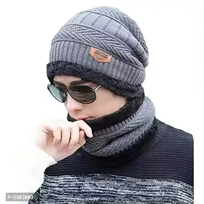 Snow Proof Inside Fur Wool Unisex Beanie Cap with Neck Warmer  Winter Hat for Men  Women (Multi Color)