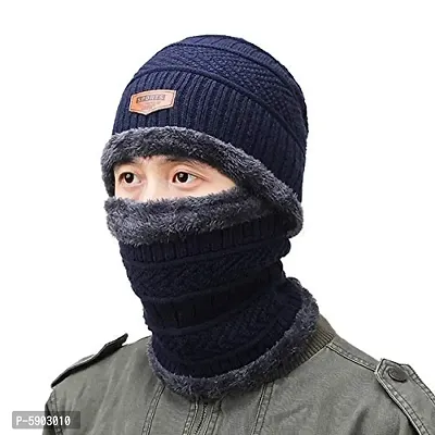 Winter Woolen Unisex Fur Fleece Lined Stylish Beanie Knitted Cap with Neck Warmer for Men and Women (Multi Color)-thumb0