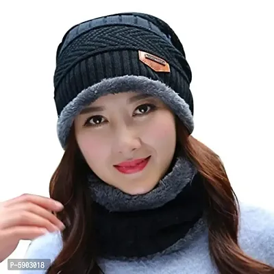 Ultra Soft Unisex Woolen Beanie Cap + Neck Scarf Set for Men I Women I Girl I Boy - Warm, Snow Proof (Multi Color)-thumb0