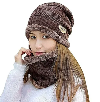 Winter Beanie Hat Scarf Set Warm Knit Hat Thick Fleece Lined Winter Cap Neck Warmer for Men Women (Multi Color)-thumb0