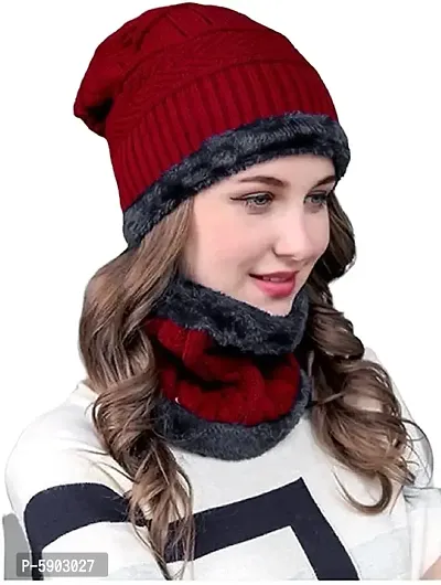 Ultra Soft Unisex Woolen Beanie Cap Plus Neck Scarf Set for Men Women Girl Boy - Warm (Multi Color)-thumb0