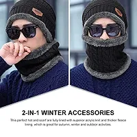 Winter Woolen Cap Hat Neck Scarf Warm Knitted Fur Inside for Men and Women (Multi Color)-thumb2