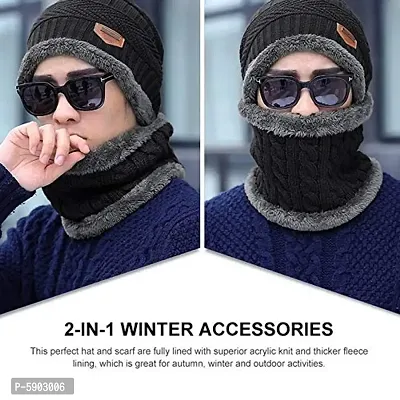 Winter Woolen Cap Hat Neck Scarf Warm Knitted Fur Inside for Men and Women (Multi Color)-thumb3
