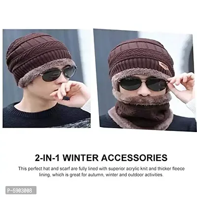 Men's  Women's Snow Proof,Inside Fur, Warm Woolen Cap with Neck Muffler/Neck Warmer/Scarf for Winters (Multi Color)-thumb3