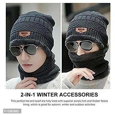 Snow Proof Inside Fur Wool Unisex Beanie Cap with Neck Warmer  Winter Hat for Men  Women (Multi Color)-thumb3