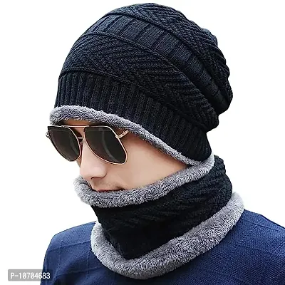 Stylish Fancy Fleece Winter Cap With Neck Scarf For Men And Women-thumb0