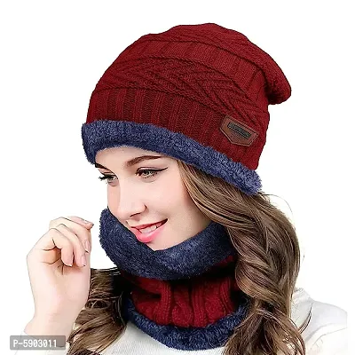 Ultra Soft Unisex Woolen Beanie Cap + Neck Scarf Set for Ladies I Women I Girl - Warm, Snow Proof (Multi Color)-thumb0