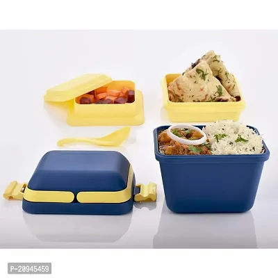 2 Layer Perfect Airtight Lunch Box 3 Compartment Tiffin With Handle Push Lock Set Of 1 Blue-thumb3