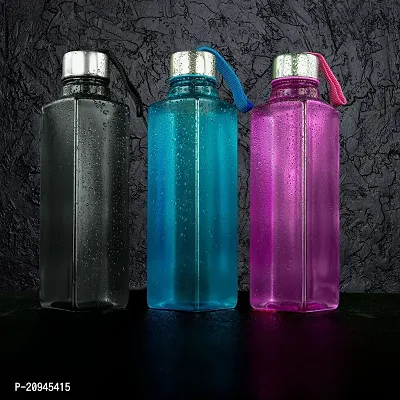 Square Shape Water Bottle Set For Fridge, Office, Gym 1000 Ml Bottle (Pack Of 3, Multicolor, Plastic, Steel-thumb2