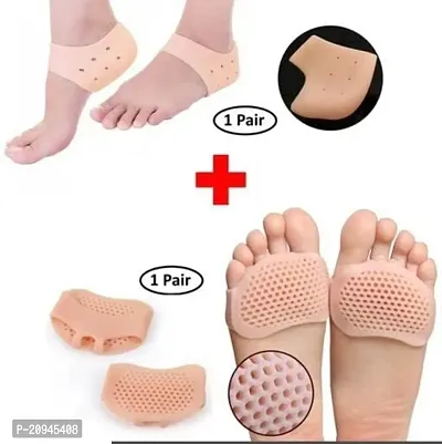 Combo Of Silicone Waterproof Gel Heel Pad Socks And Tiptoe Protector Pads For Foot Pain Relief For Men And Women(Beige, Free Size) - 1 Pair Of Each-thumb0