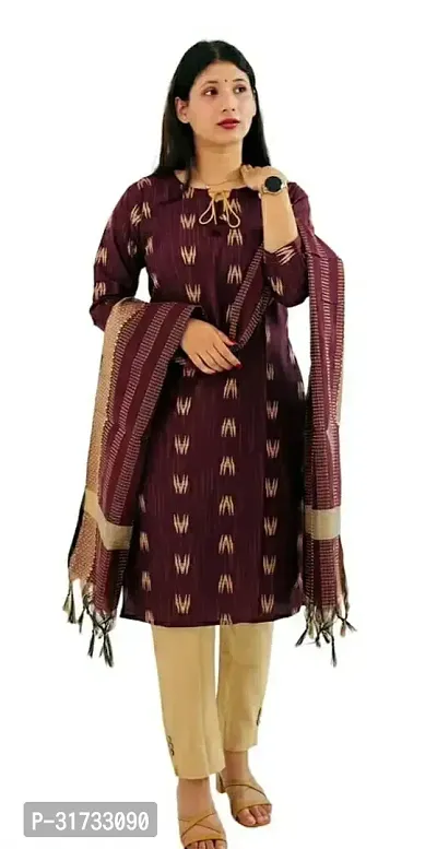 Stylish Coffee Khadi Cotton Kurta, Bottom With Dupatta For Women-thumb0