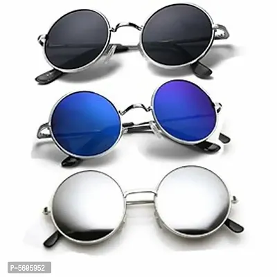 UV Protection, Mirrored Round Sunglasses (Free Size)  (For Men & Women, Blue, Black, Silver) Combo pack of 3-thumb0