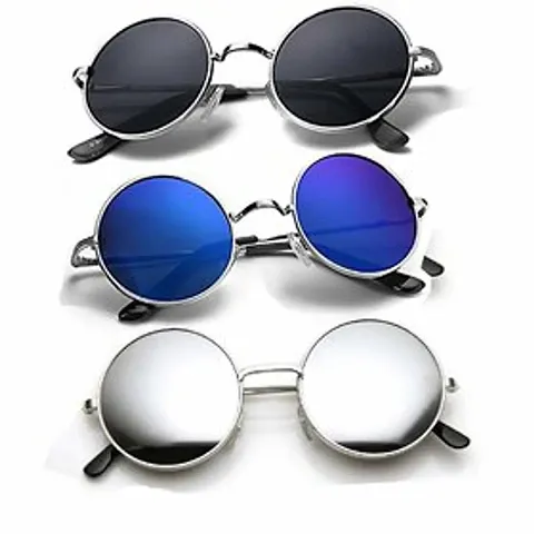 UV Protection, Mirrored Round Sunglasses (Free Size)  (For Men & Women, Blue, Black, Silver) Combo pack of 3