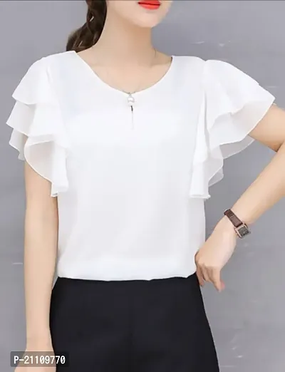 Elegant White Georgette Solid Top For Women-thumb0