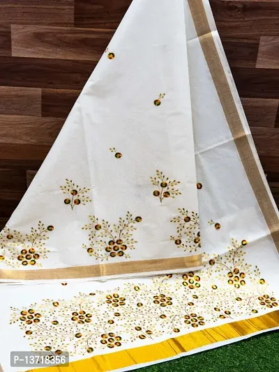 Kerala Cotton Embroidered Kasavu Sarees with Blouse Piece-thumb0