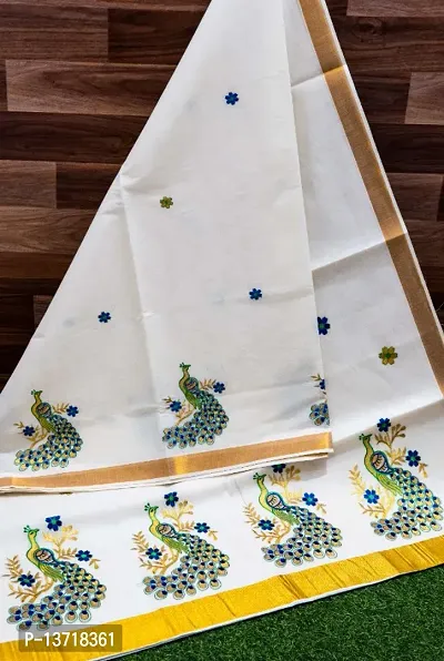 Kerala Cotton Embroidered Kasavu Sarees with Blouse Piece-thumb0