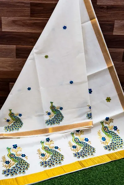Kerala Cotton Embroidered Kasavu Sarees with Blouse Piece