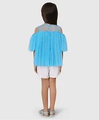 Beautiful Cold Shoulder Sleeves Pearl Embellished Gathered Net Top For Baby Girls-thumb1