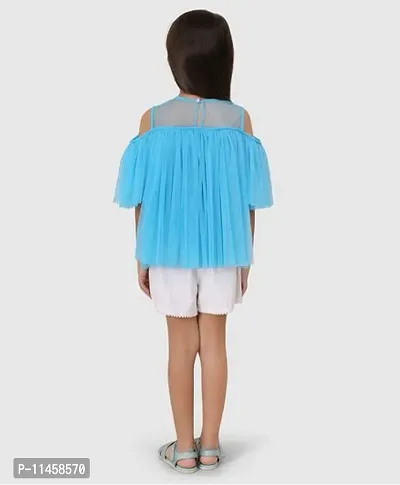 Beautiful Cold Shoulder Sleeves Pearl Embellished Gathered Net Top For Baby Girls-thumb2