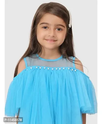 Beautiful Cold Shoulder Sleeves Pearl Embellished Gathered Net Top For Baby Girls-thumb5