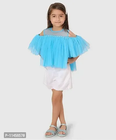 Beautiful Cold Shoulder Sleeves Pearl Embellished Gathered Net Top For Baby Girls