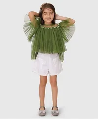 Beautiful Cold Shoulder Sleeves Pearl Embellished Gathered Net Top For Baby Girls-thumb2