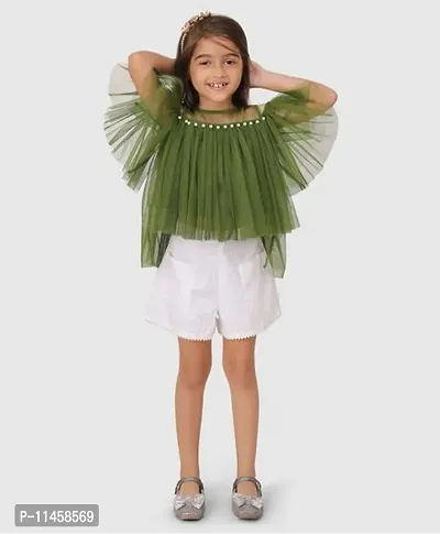 Beautiful Cold Shoulder Sleeves Pearl Embellished Gathered Net Top For Baby Girls-thumb3