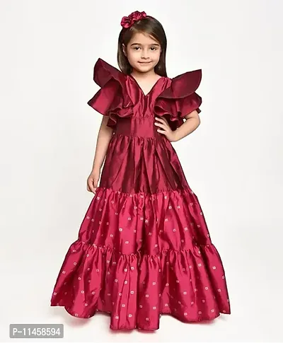 Beautiful Flared Half Sleeves Silk Fit And Flare Gown With Floral Headband For Baby Girls