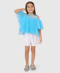 Beautiful Cold Shoulder Sleeves Pearl Embellished Gathered Net Top For Baby Girls-thumb2